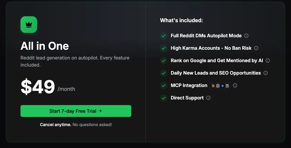 Leadverse's All in One plan card, captured 28 September 2026, showing $49 a month, a 7-day free trial and six features, from Full Reddit DMs Autopilot Mode to Direct Support