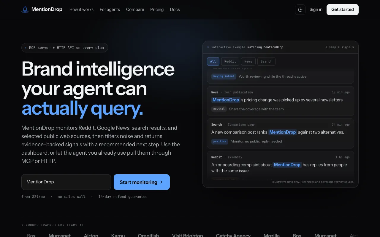 MentionDrop's homepage, captured 20 September 2026, with its headline about an agent querying brand intelligence and a panel of sample signals