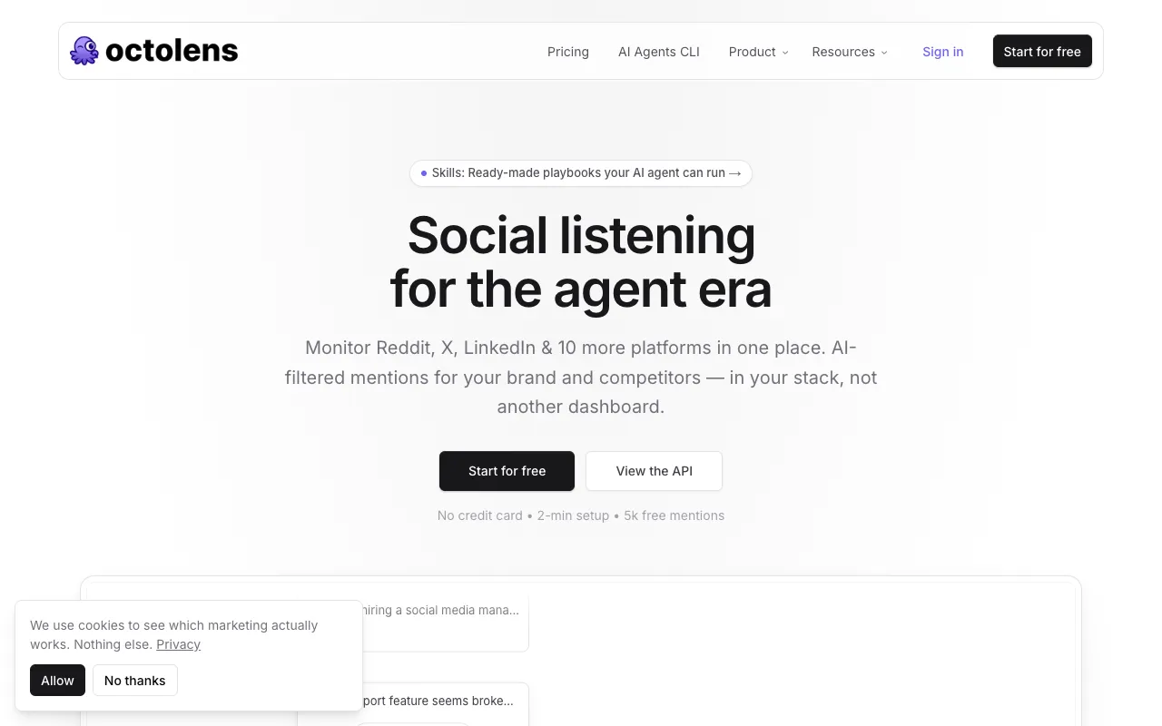Octolens's homepage, captured 19 September 2026, showing how it describes itself
