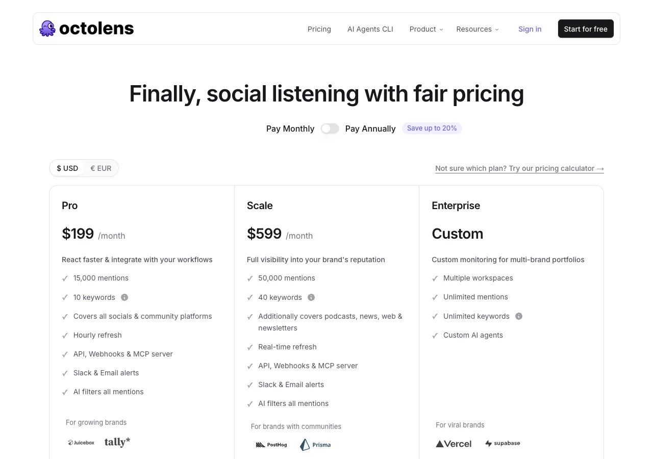 Octolens's pricing page with monthly billing selected, captured 19 September 2026, showing Pro at $199, Scale at $599 and Enterprise at a custom price
