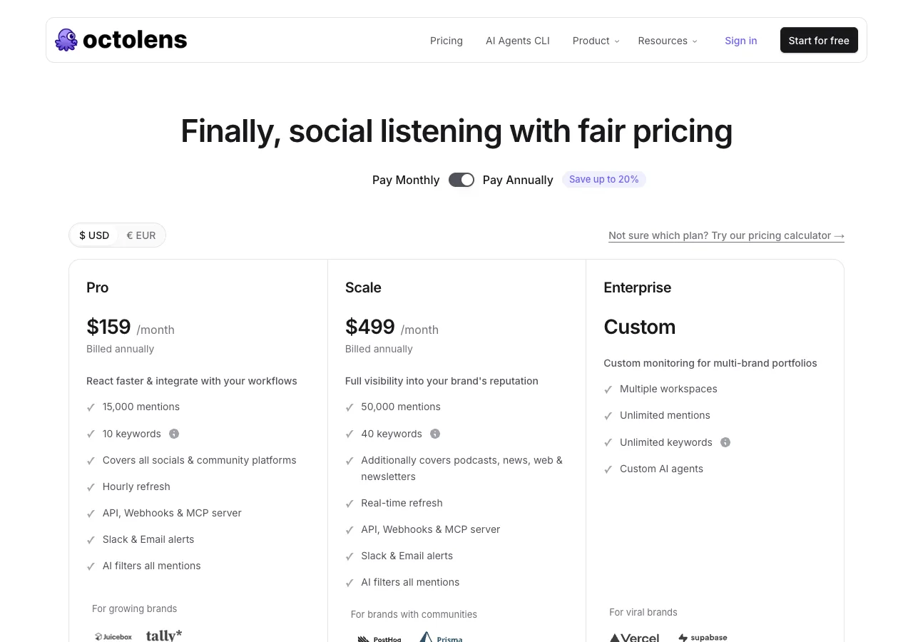 Octolens's pricing page as it opens, with annual billing selected, captured 20 September 2026, showing Pro at $159 a month, Scale at $499 and Enterprise at a custom price