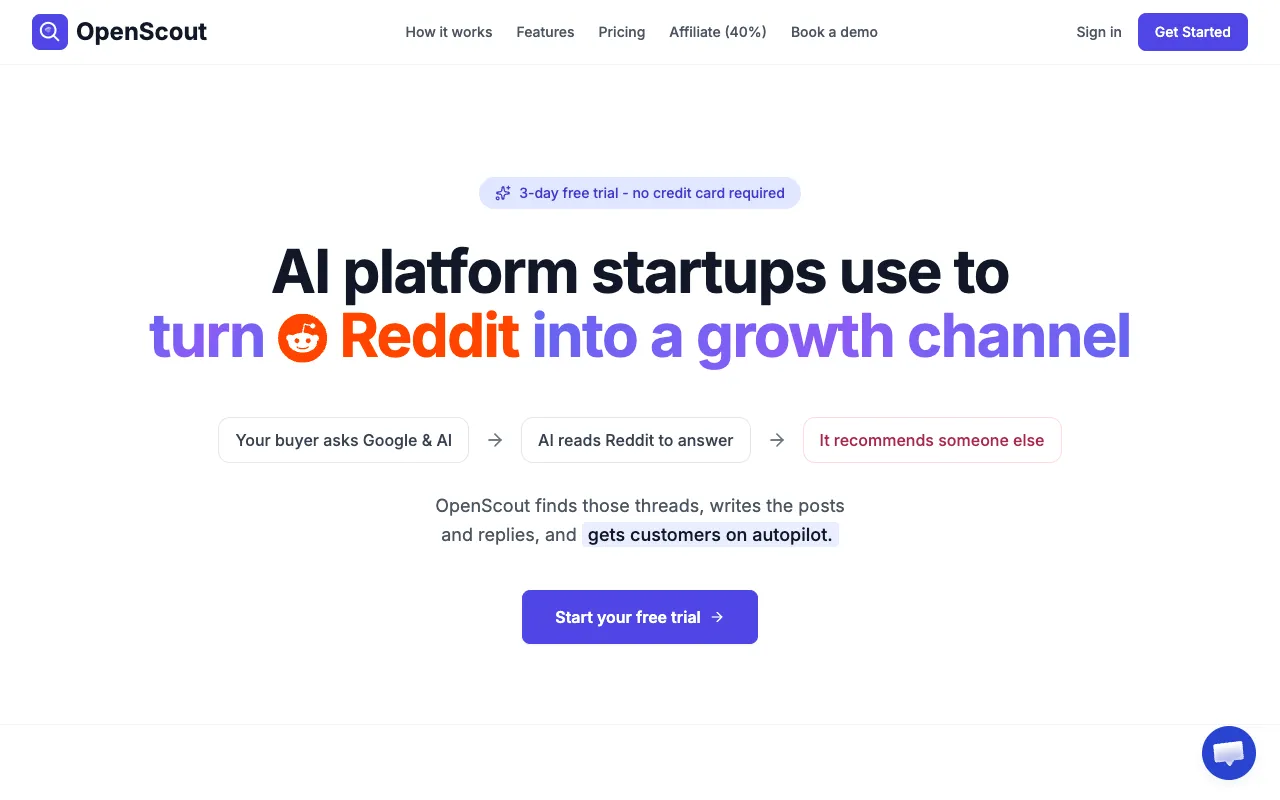 OpenScout's homepage, captured 20 September 2026, with its headline and its three-step line under it