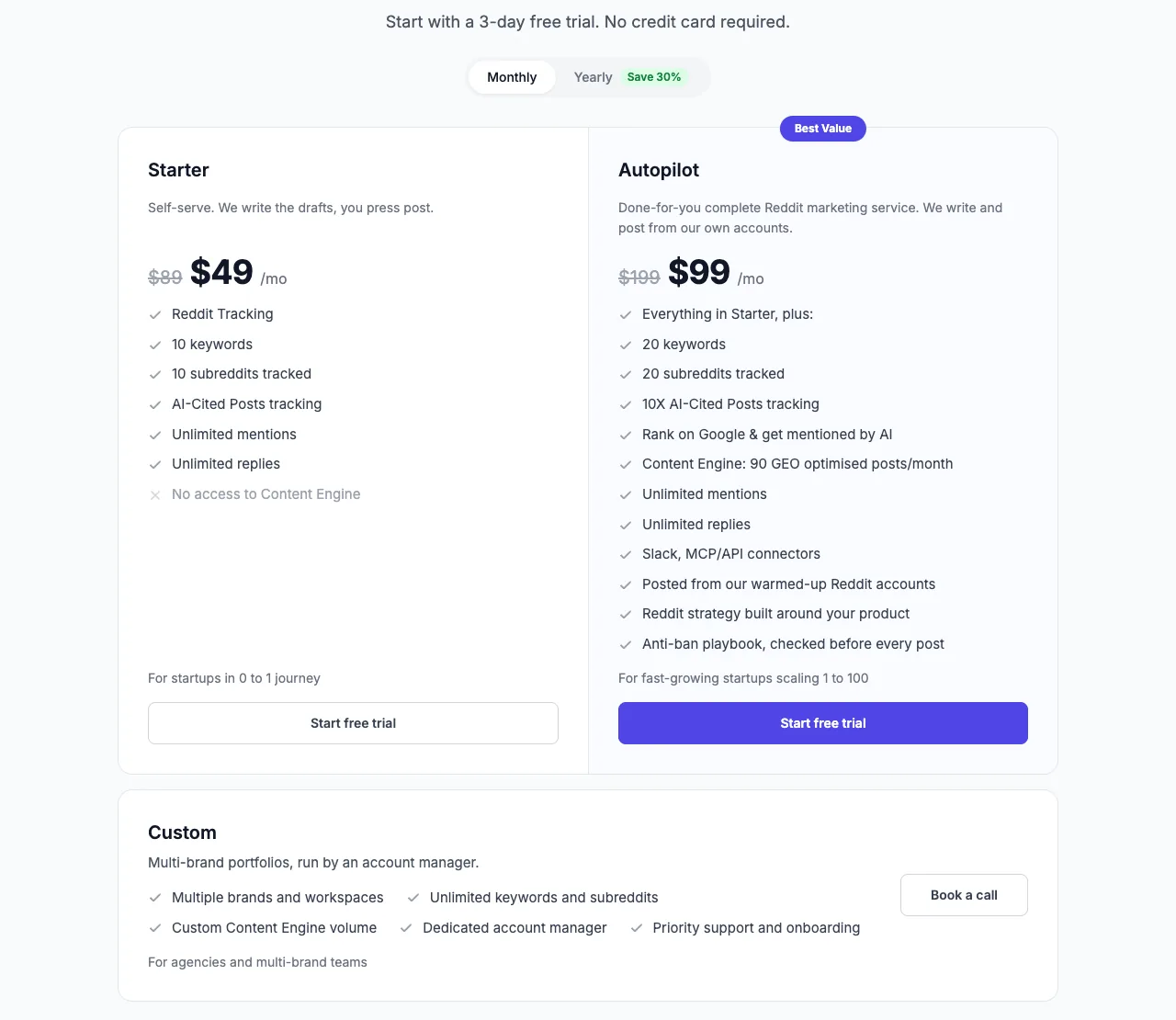 OpenScout's plan cards with monthly billing selected, captured 20 September 2026, showing Starter at $49 with $89 struck through, Autopilot at $99 with $199 struck through, and a Custom card