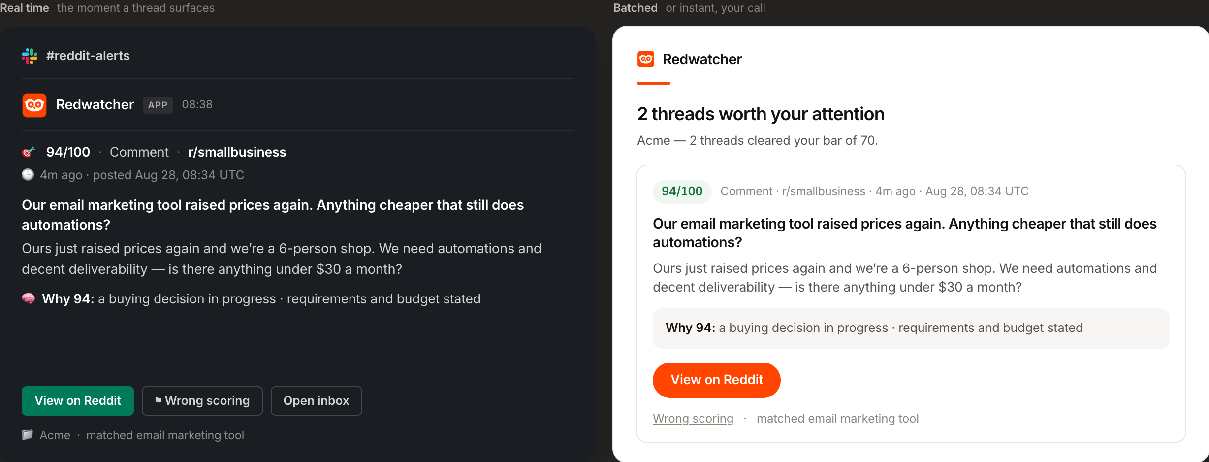 Redwatcher's alert destinations: a Slack message, a Telegram message and a signed webhook payload