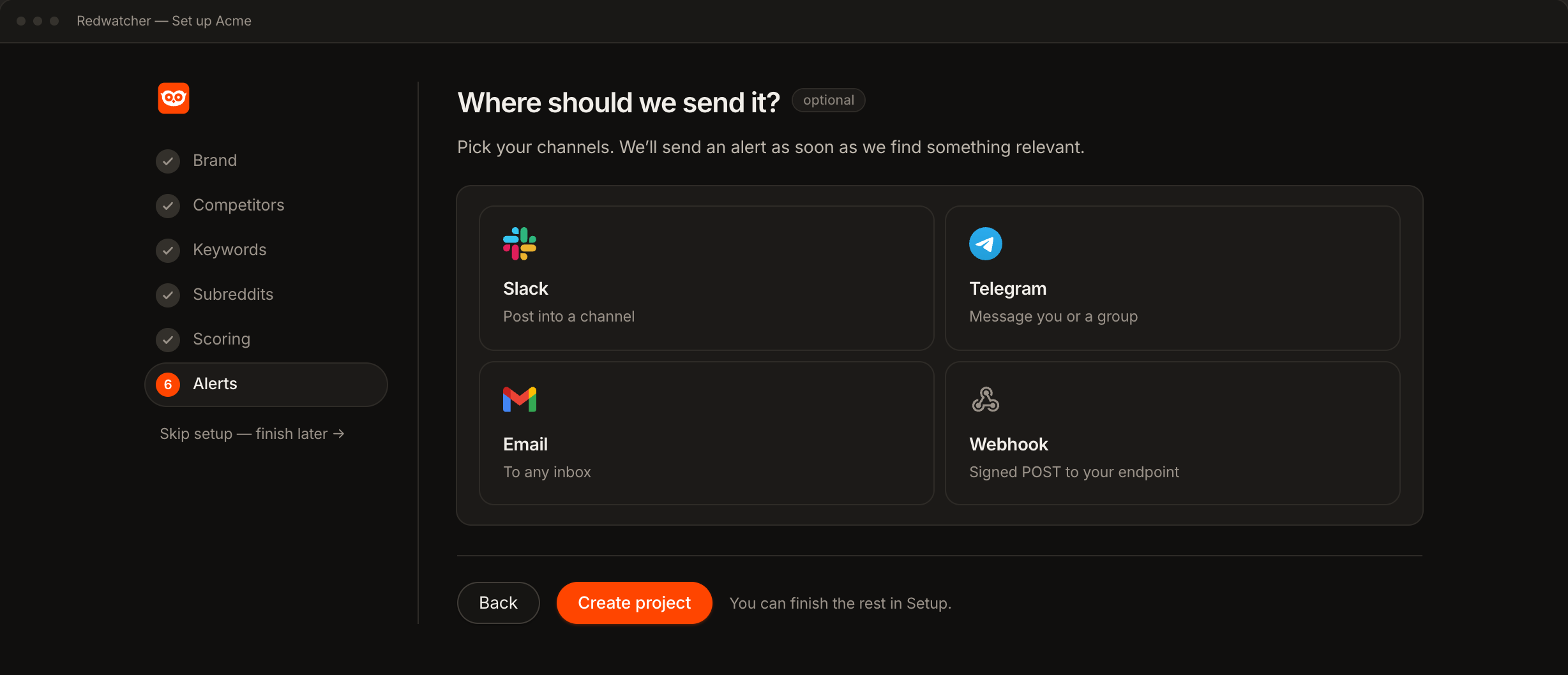Redwatcher's setup asking where alerts should be sent, offering Slack, Telegram, email and a signed webhook