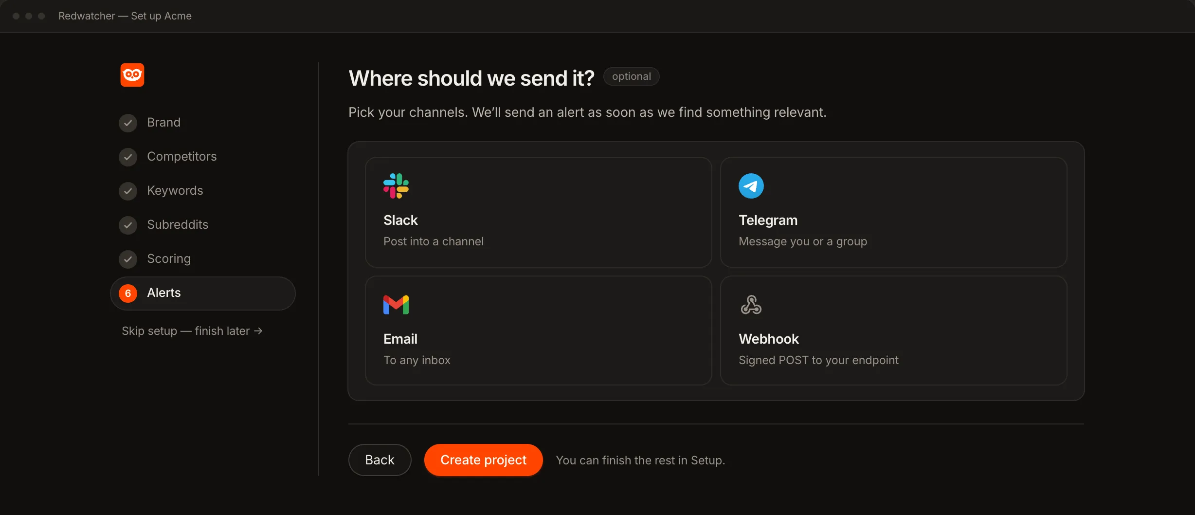 The Alerts step of Redwatcher's setup: four channel cards for Slack, Telegram, Email and Webhook, and a Create project button