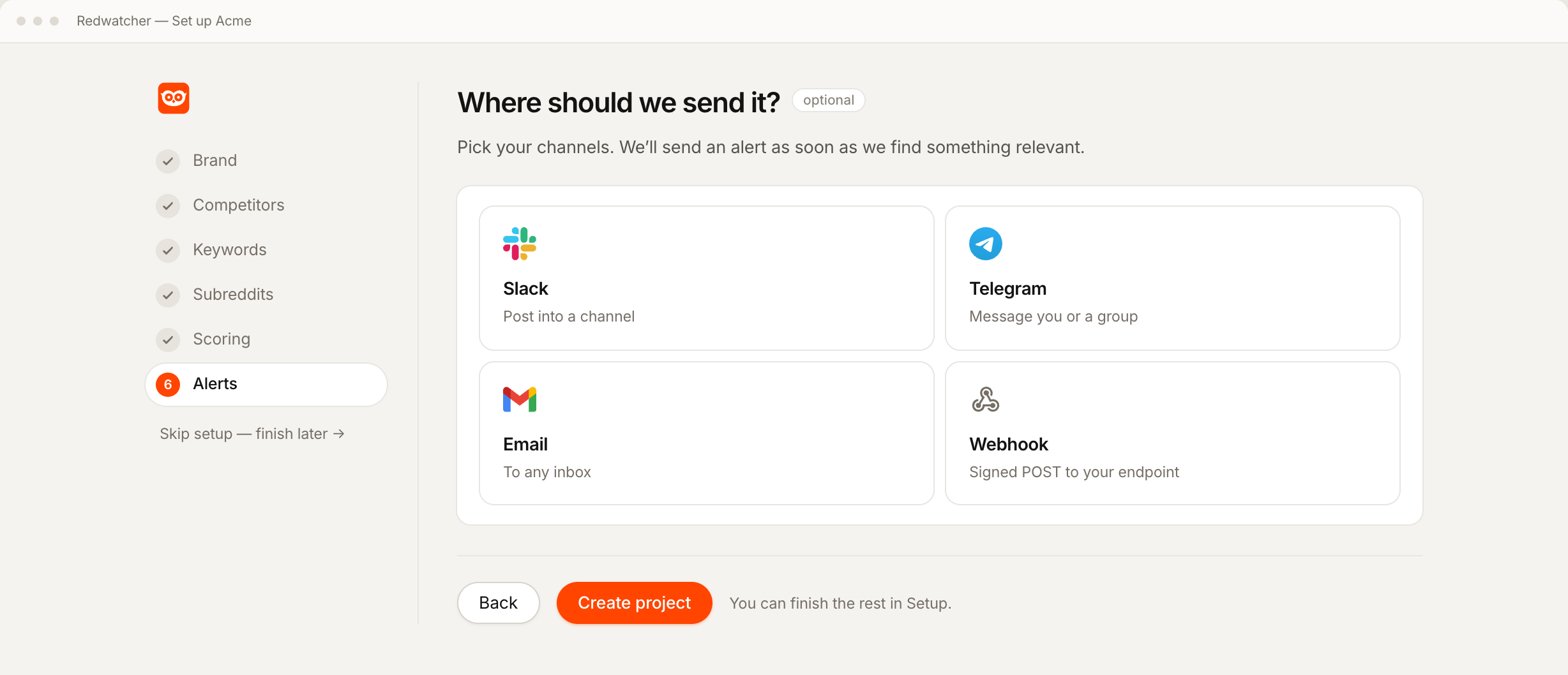 Redwatcher's setup asking where alerts should be sent, offering Slack, Telegram, email and a signed webhook