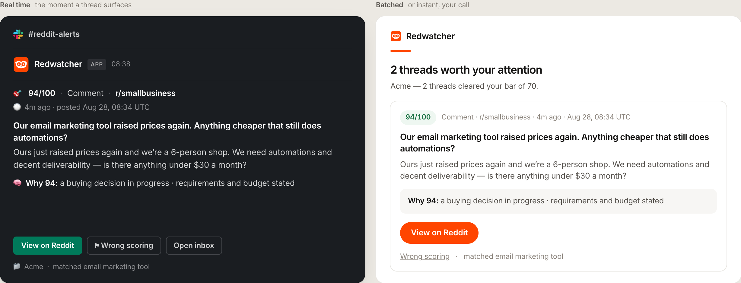 Redwatcher's alert destinations: a Slack message, a Telegram message and a signed webhook payload