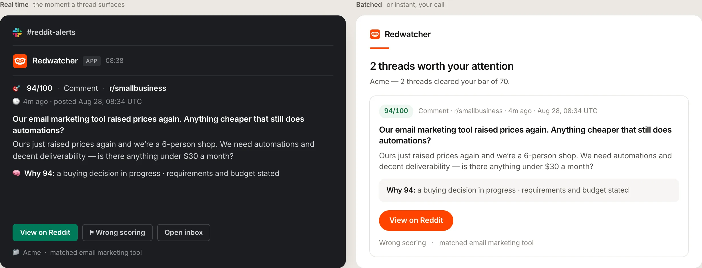 Redwatcher's alert destinations: a Slack message, a Telegram message and a signed webhook payload