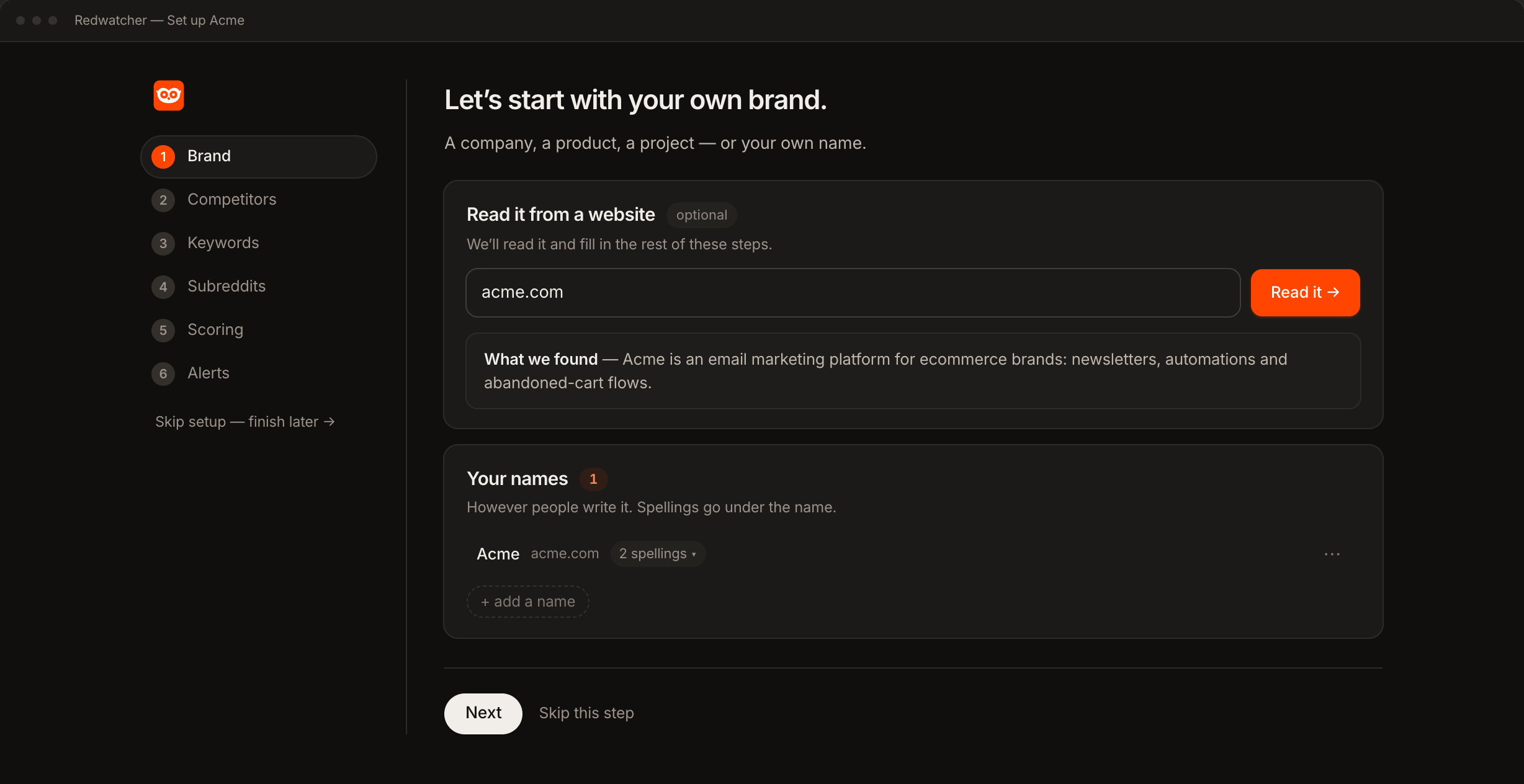 Redwatcher's setup asking for your own brand, with the website field and the spellings listed under the name
