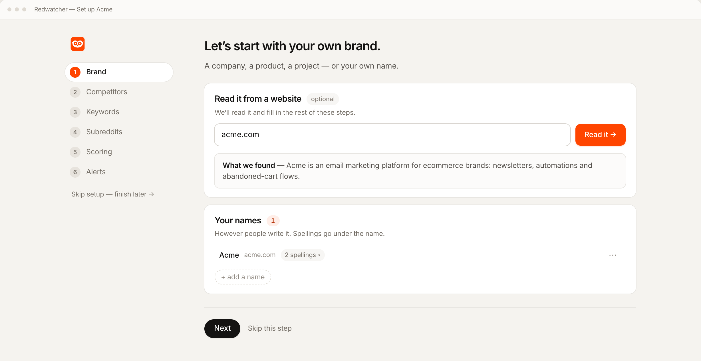 Redwatcher's setup asking for your own brand, with the website field and the spellings listed under the name