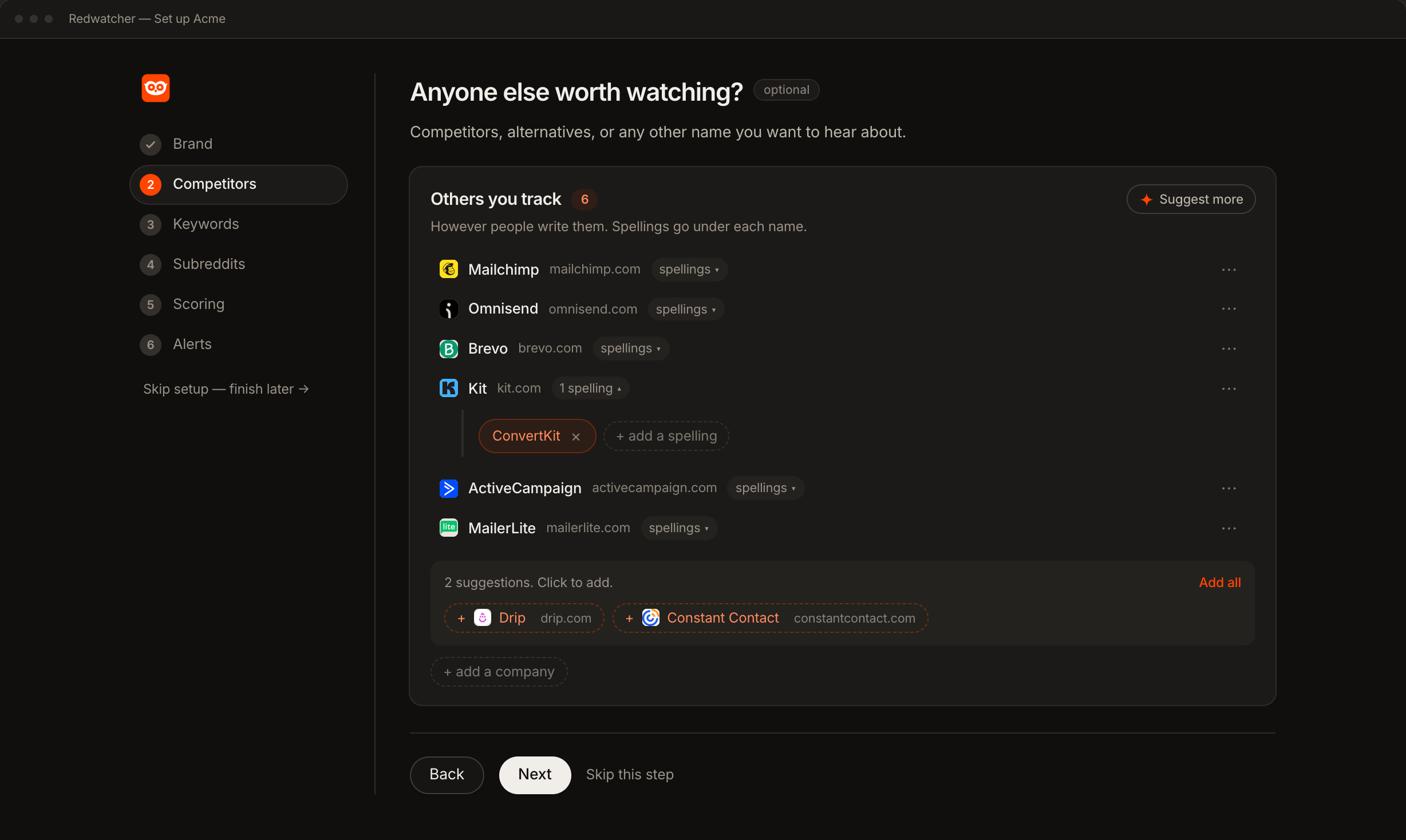 Redwatcher's setup listing the competitors being tracked, each with its domain and its spellings
