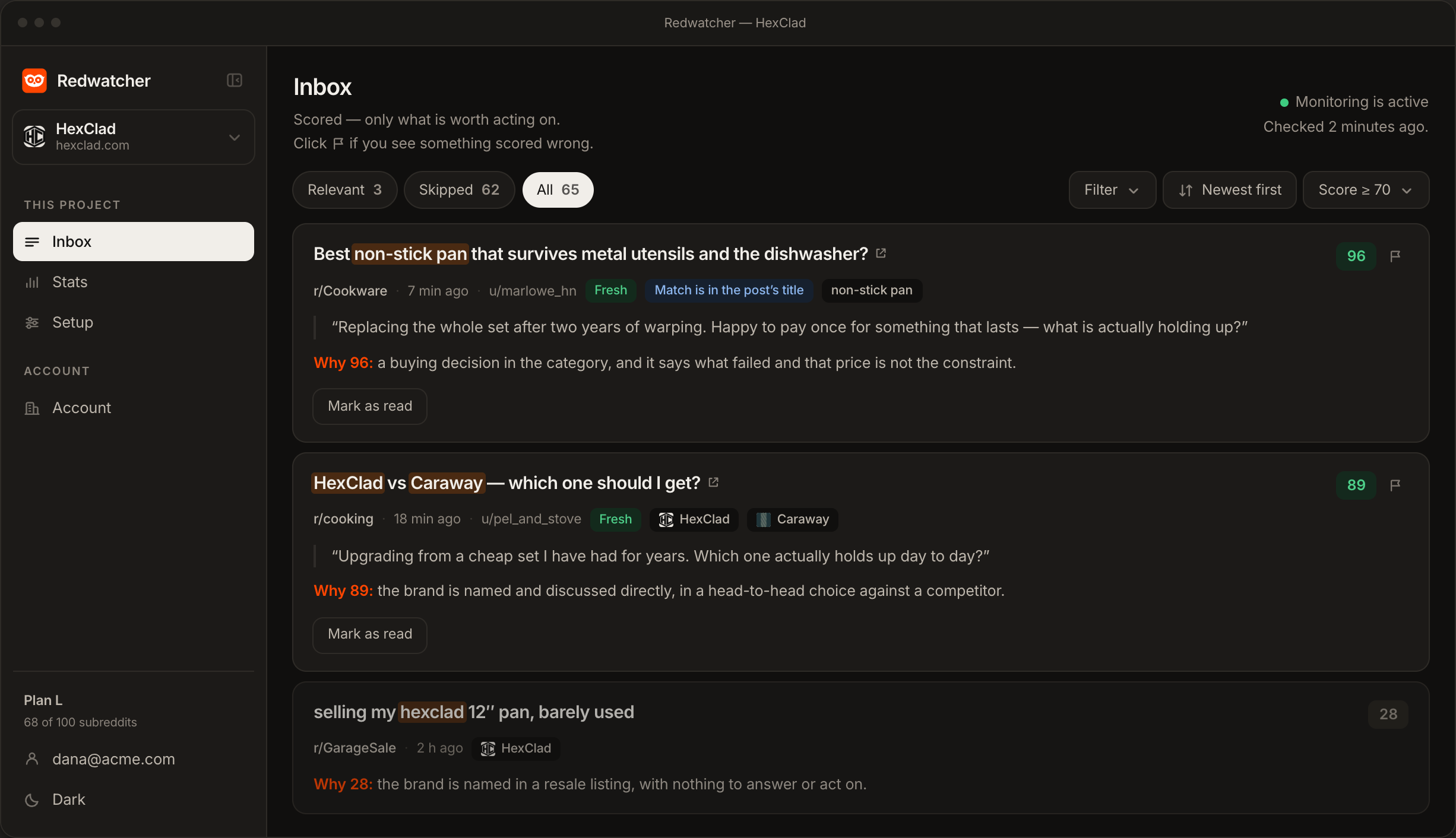 The Redwatcher inbox on a competitor comparison thread, scored 89, with both product names matched and the reasons for the score