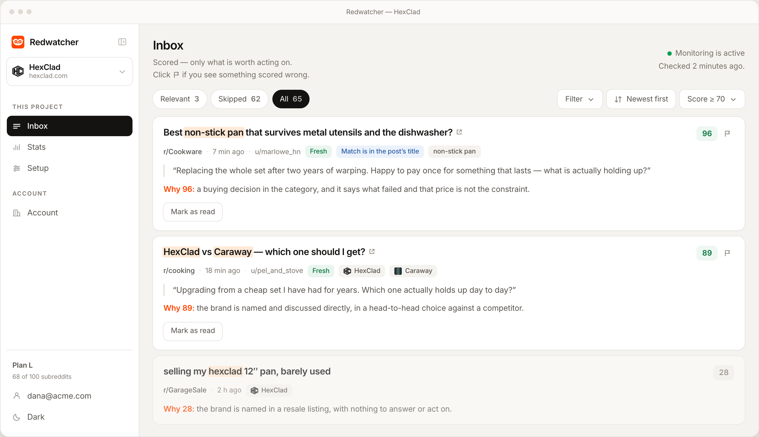 The Redwatcher inbox on a competitor comparison thread, scored 89, with both product names matched and the reasons for the score