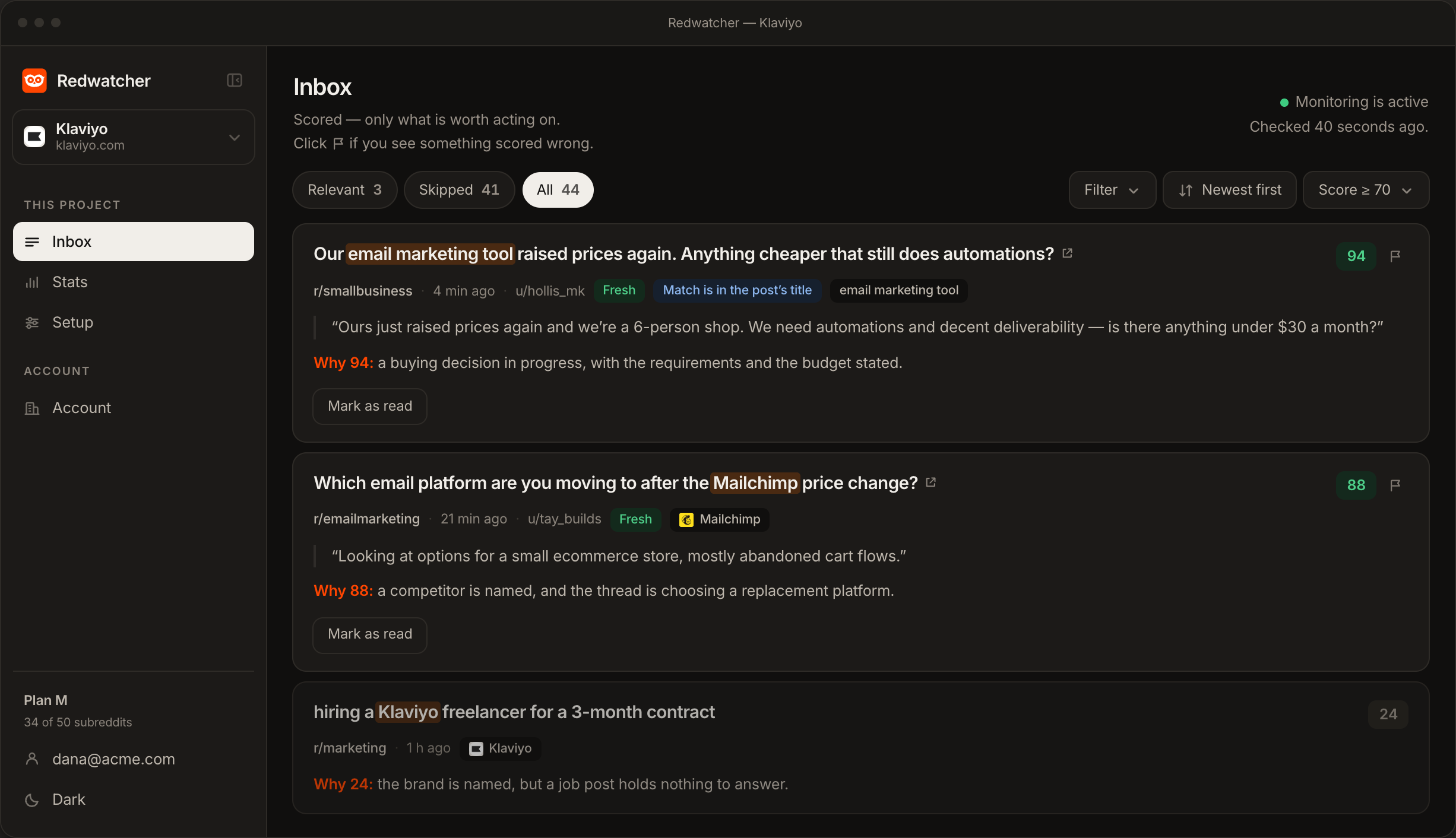 The Redwatcher inbox for a Klaviyo project: a thread scored 94, a competitor comparison scored 88, and a job post scored 24 and skipped, each with the reasons underneath