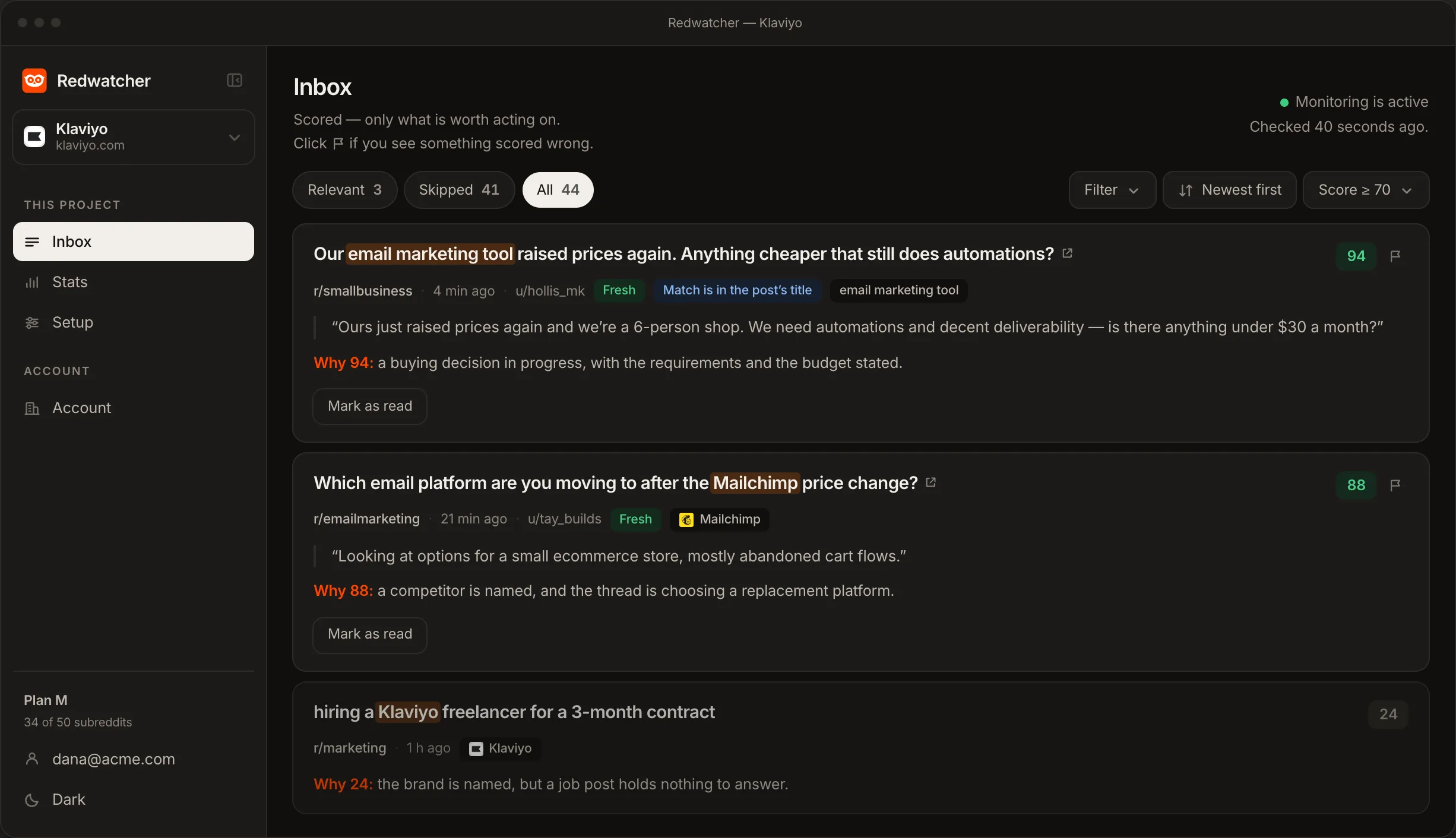 The Redwatcher inbox for a Klaviyo project: a thread scored 94, a competitor comparison scored 88, and a job post scored 24 and skipped, each with the reasons underneath