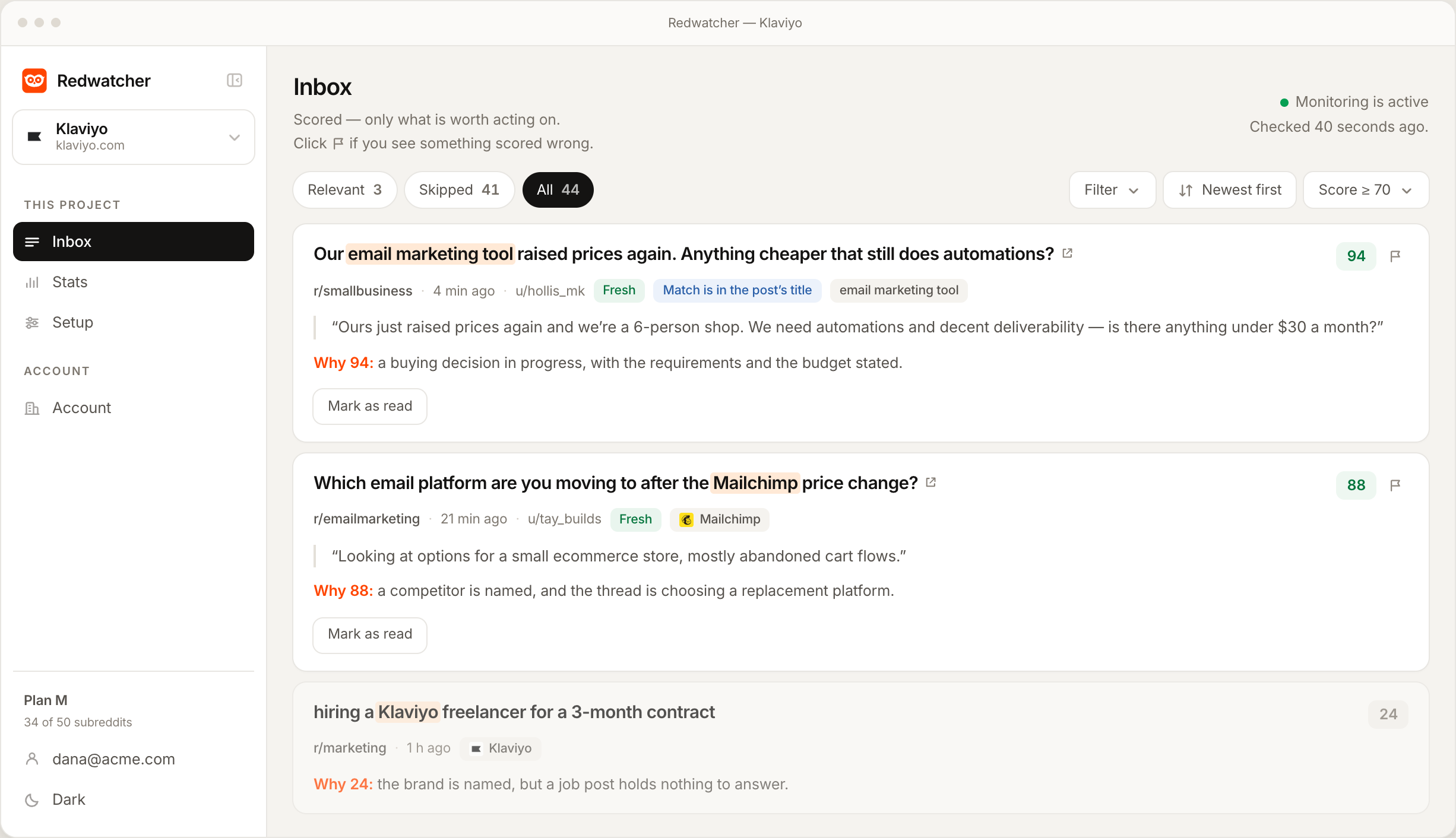 The Redwatcher inbox for a Klaviyo project: a thread scored 94, a competitor comparison scored 88, and a job post scored 24 and skipped, each with the reasons underneath