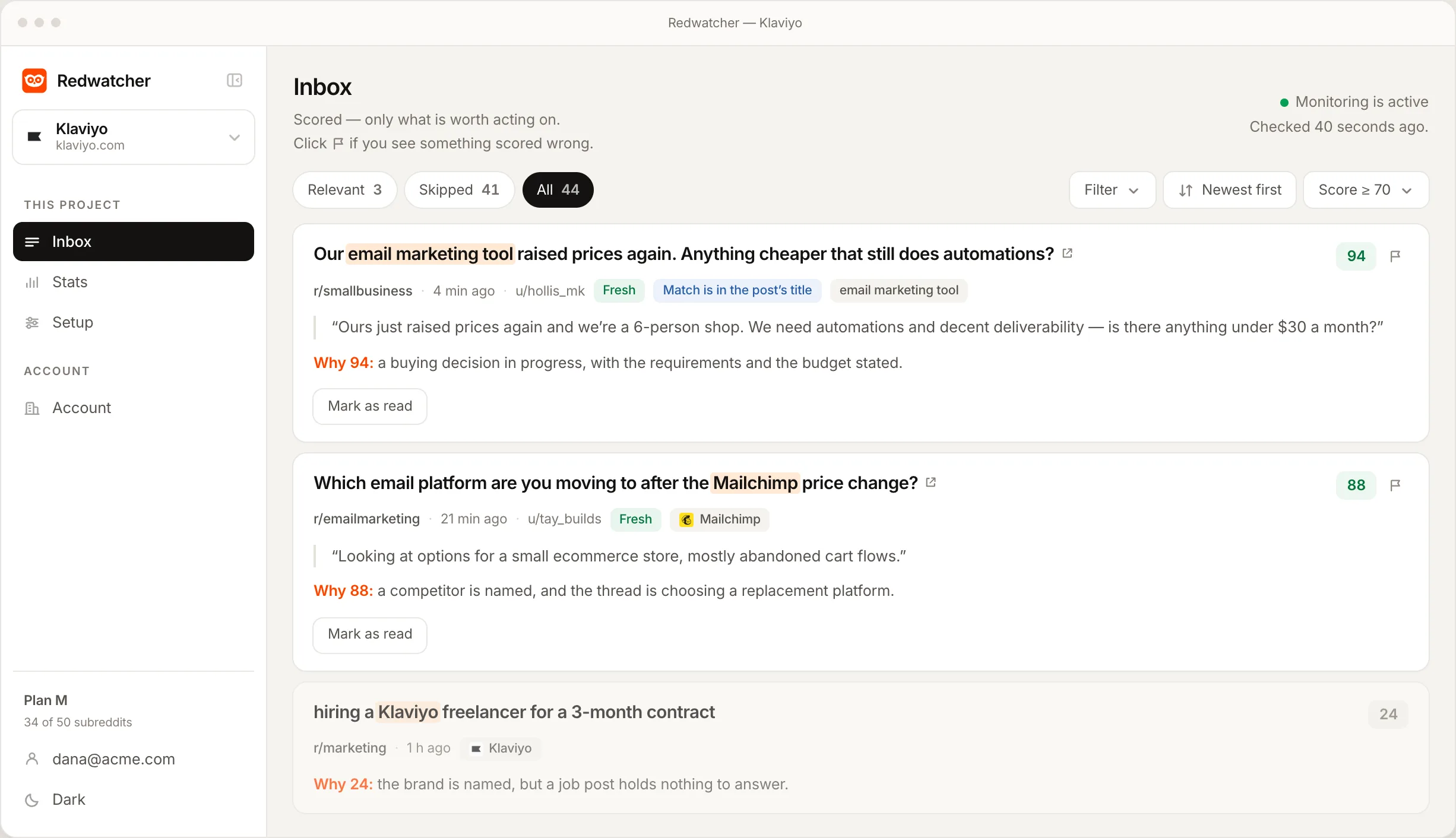 The Redwatcher inbox for a Klaviyo project: a thread scored 94, a competitor comparison scored 88, and a job post scored 24 and skipped, each with the reasons underneath