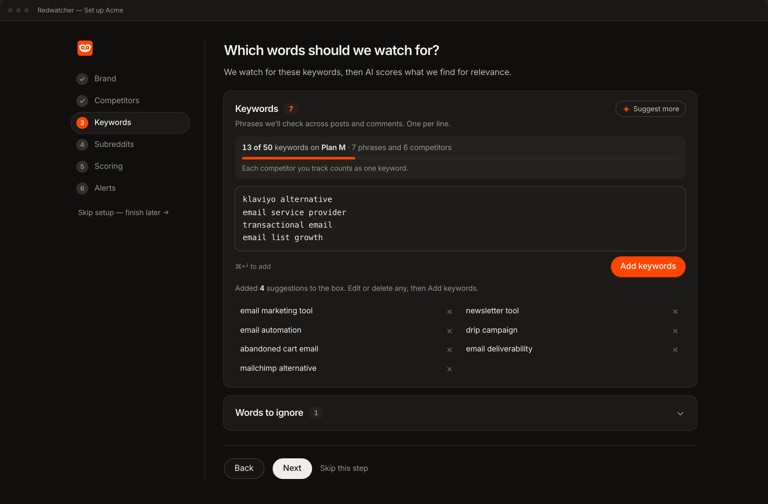 Redwatcher's setup asking which words to watch for, with the keyword box, the plan's keyword count and the suggestions it added