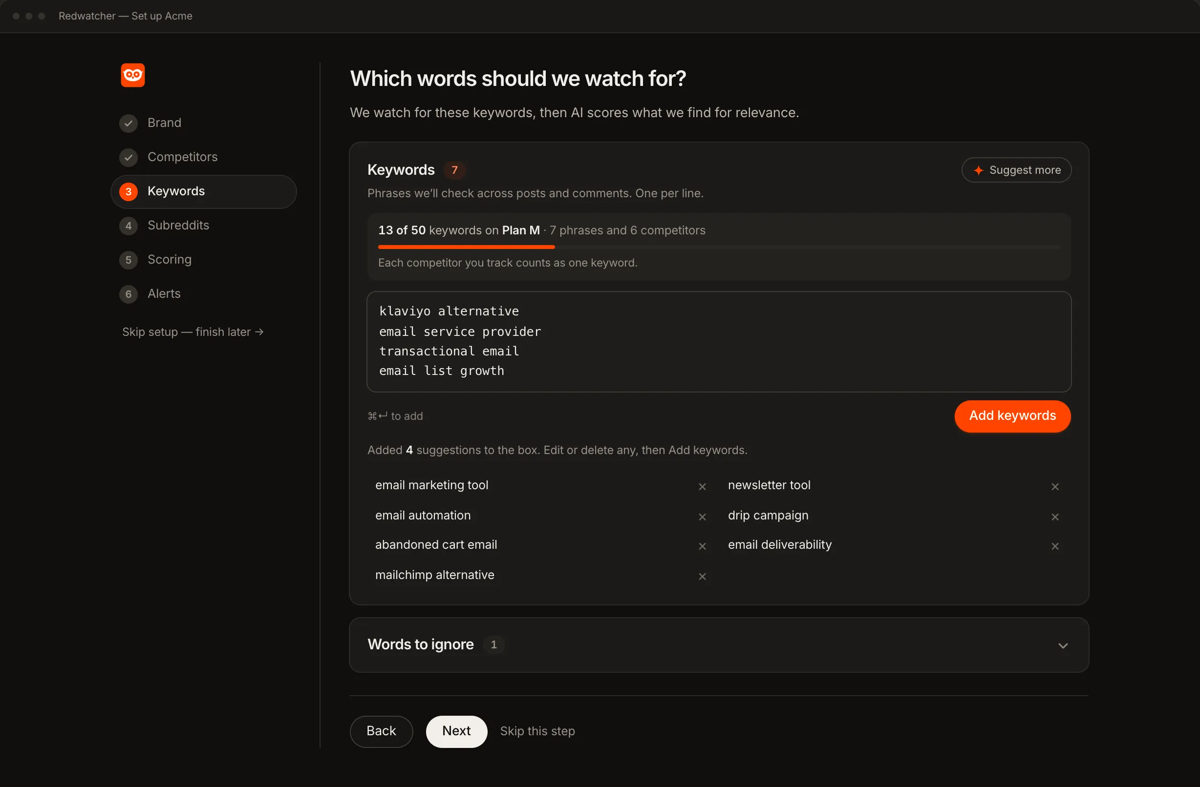 The Keywords step of Redwatcher's setup: four phrases typed one per line, seven keywords saved, a count of 13 of 50 keywords in use on the M plan, and a Words to ignore panel underneath