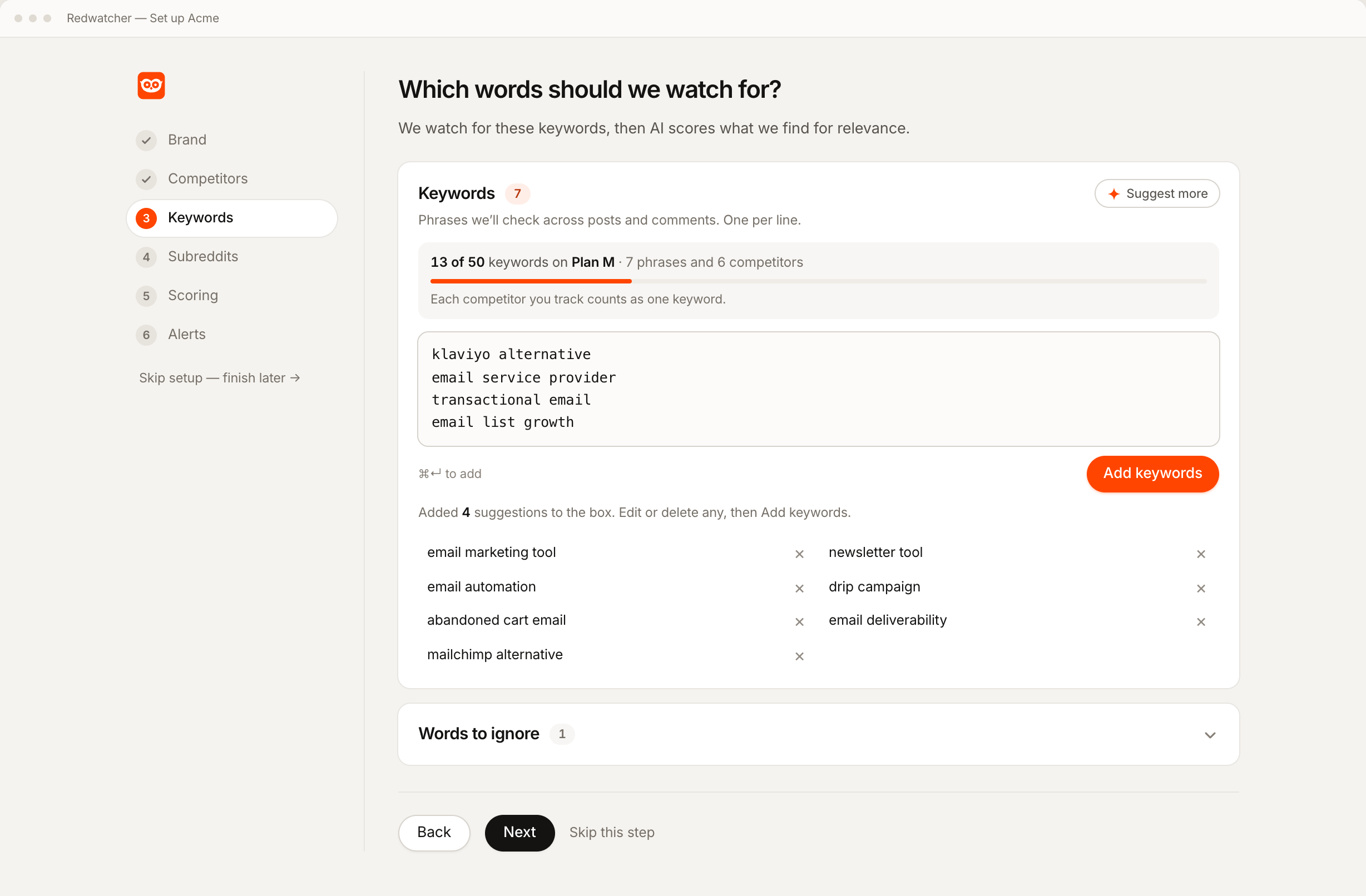 Redwatcher's setup asking which words to watch for, with the keyword box, the plan's keyword count and the suggestions it added