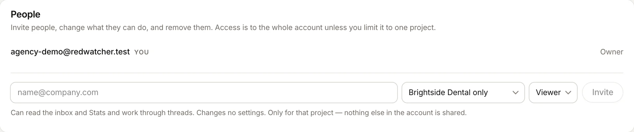 Redwatcher's People card on an agency account, with an invite form set to give one client project, Brightside Dental only, at the Viewer role, and the note that nothing else in the account is shared