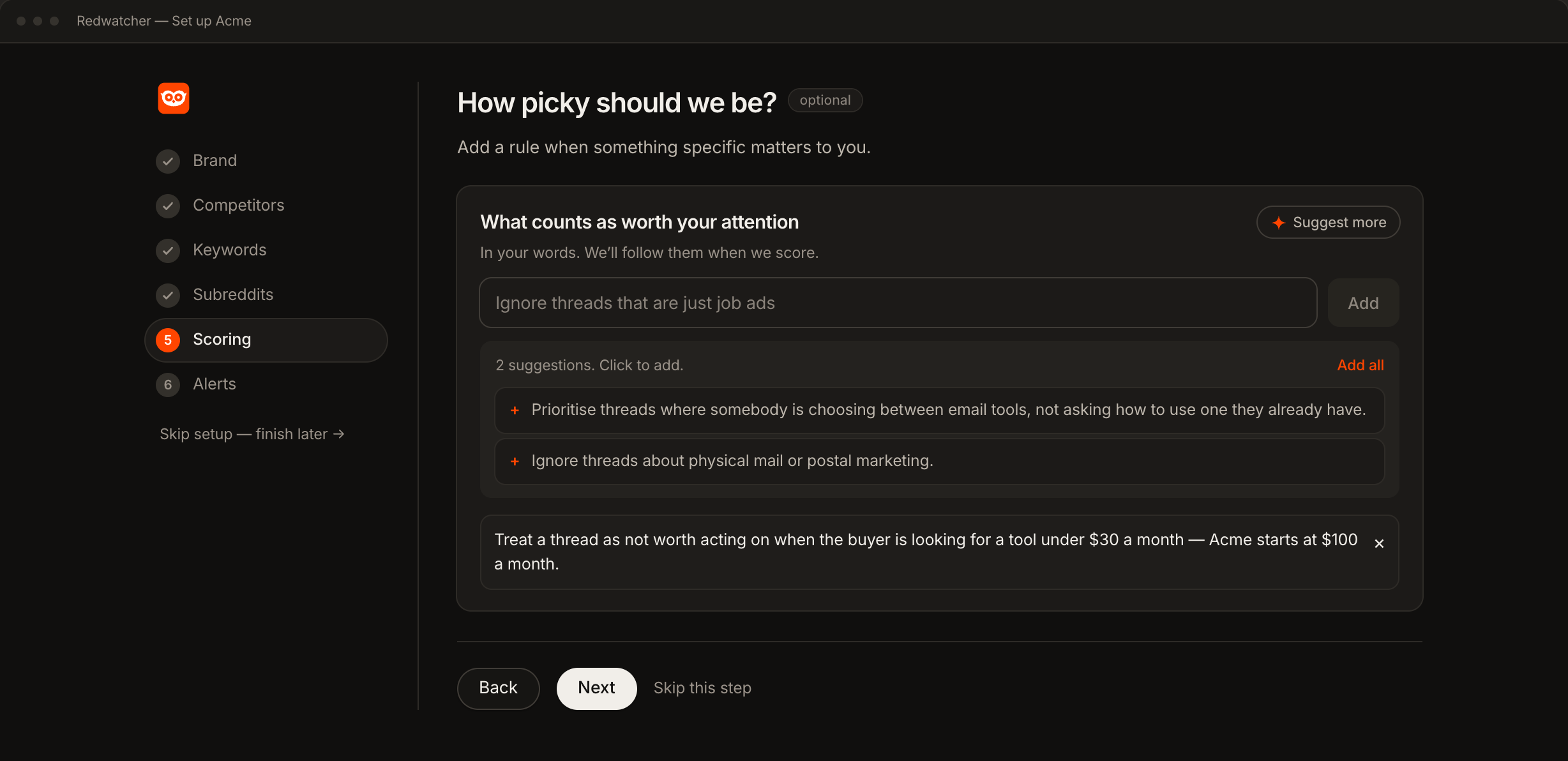 Redwatcher's setup asking how picky the scoring should be, with rules written in plain language and two suggestions to add