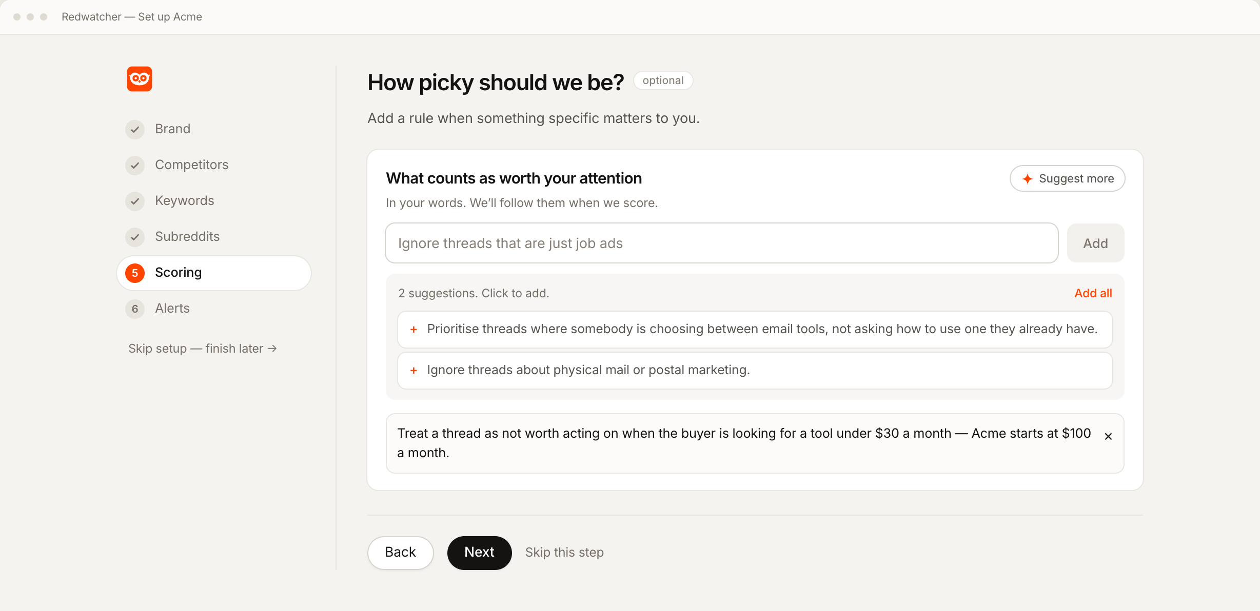 Redwatcher's setup asking how picky the scoring should be, with rules written in plain language and two suggestions to add