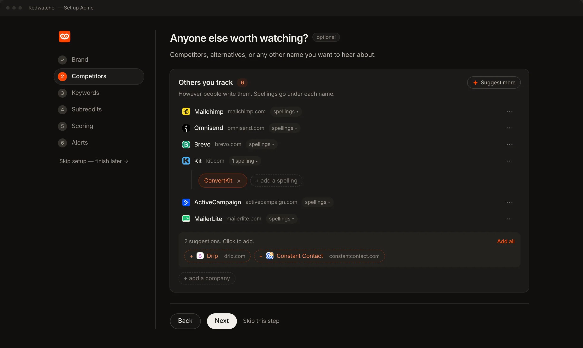 Redwatcher's setup, reading a website and proposing the subreddits, keywords and competitors to watch