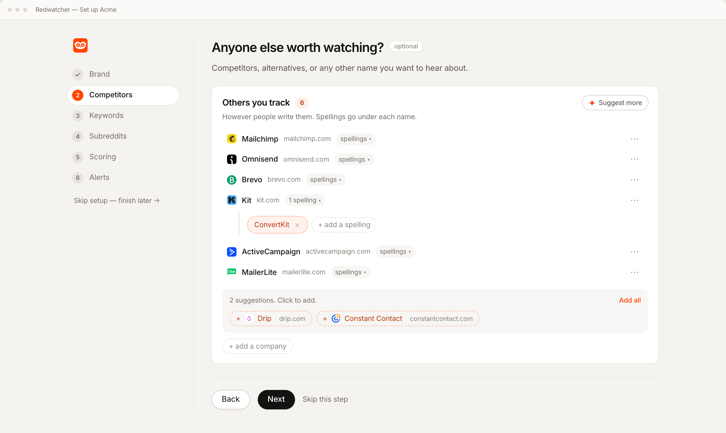 Redwatcher's setup, reading a website and proposing the subreddits, keywords and competitors to watch