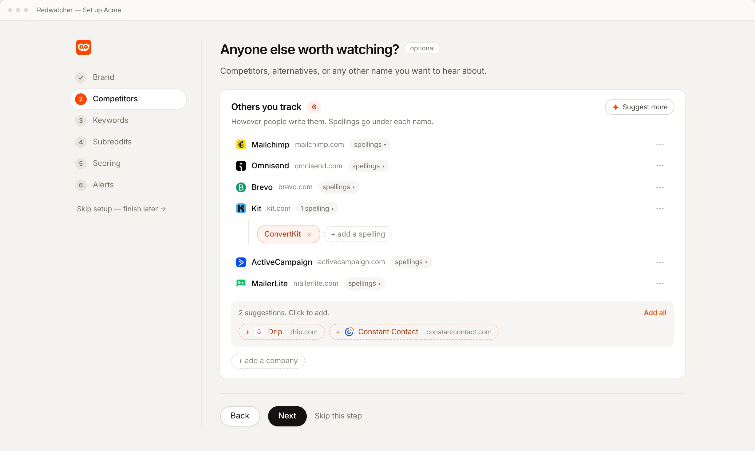 Redwatcher's setup, reading a website and proposing the subreddits, keywords and competitors to watch