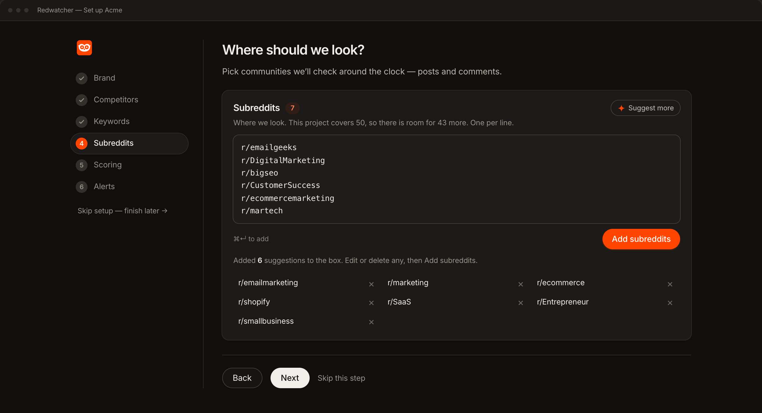 Redwatcher's setup proposing the subreddits to watch, each checked against Reddit as it is accepted