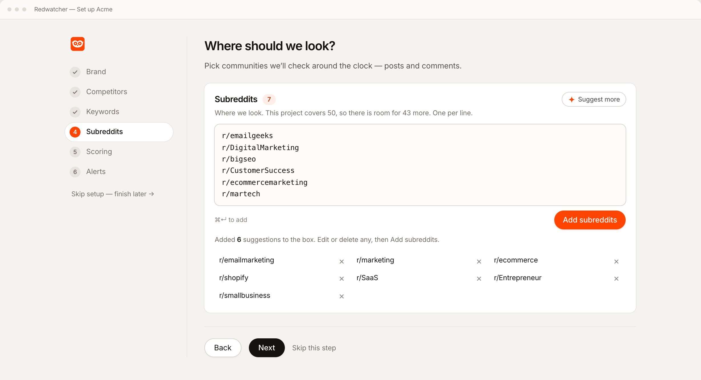 Redwatcher's setup proposing the subreddits to watch, each checked against Reddit as it is accepted