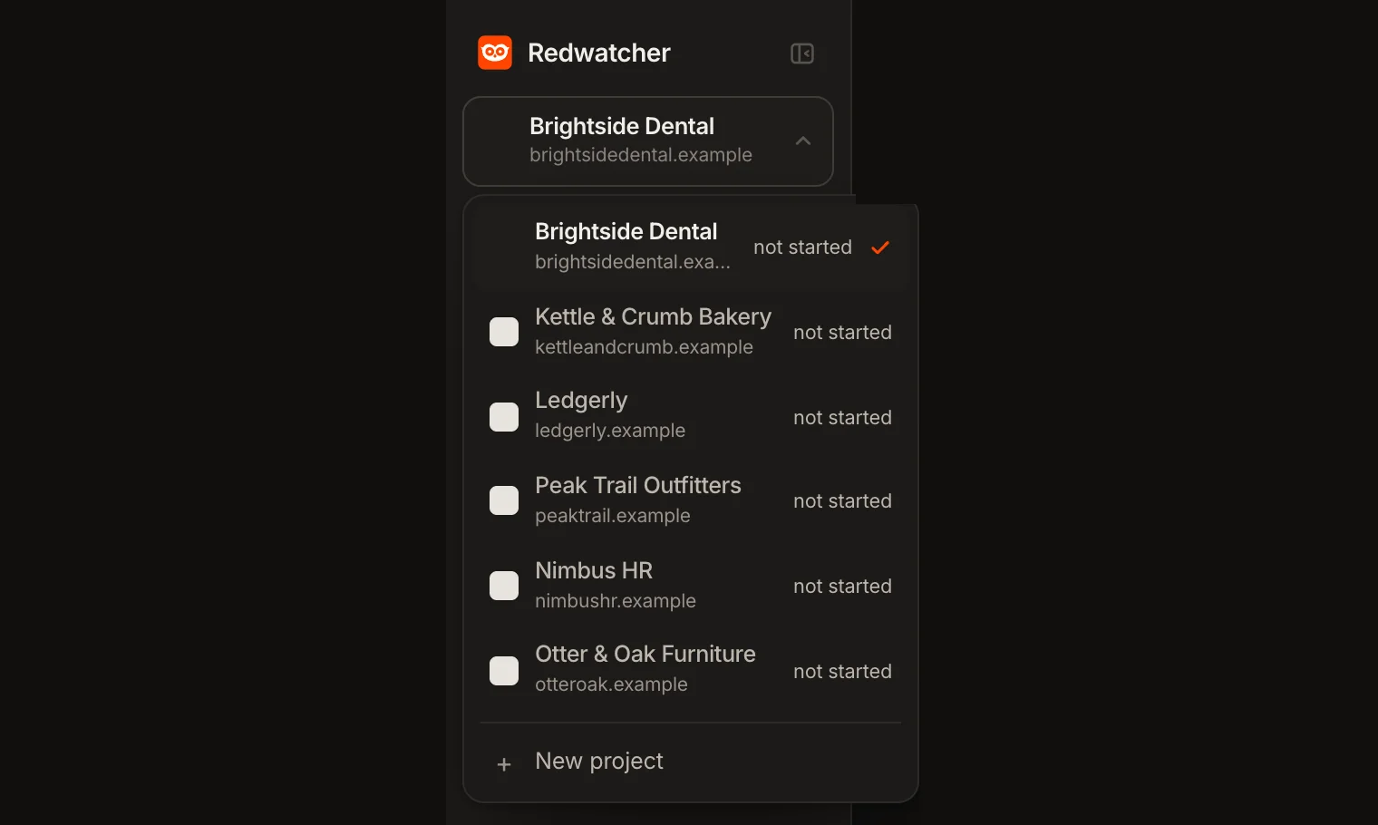 The Redwatcher project switcher open on an agency account, listing six client projects, each with its website and whether it is being checked, and a New project row at the bottom