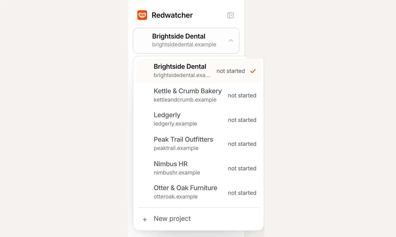 The Redwatcher project switcher open on an agency account, listing six client projects, each with its website and whether it is being checked, and a New project row at the bottom