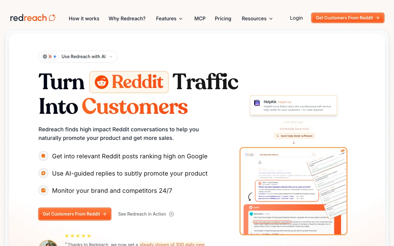 Redreach's homepage, captured 20 September 2026, with its headline and three lines under it about ranking posts, AI-guided replies and monitoring