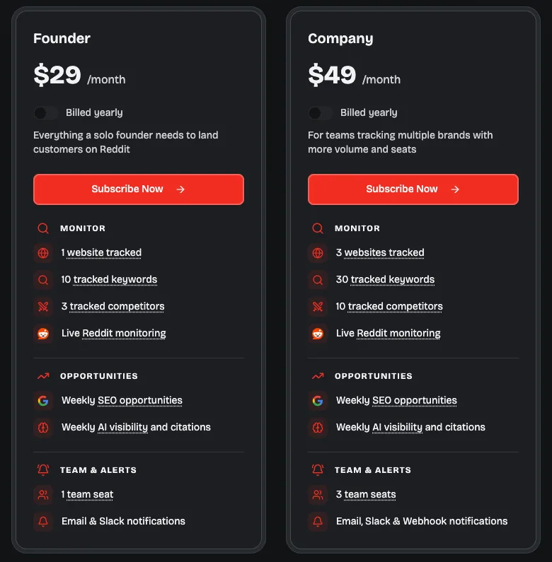 RedShip's two plan cards with monthly billing, captured 28 September 2026: Founder at $29 a month with 1 website, 10 keywords and 3 competitors, and Company at $49 with 3 websites, 30 keywords and 10 competitors