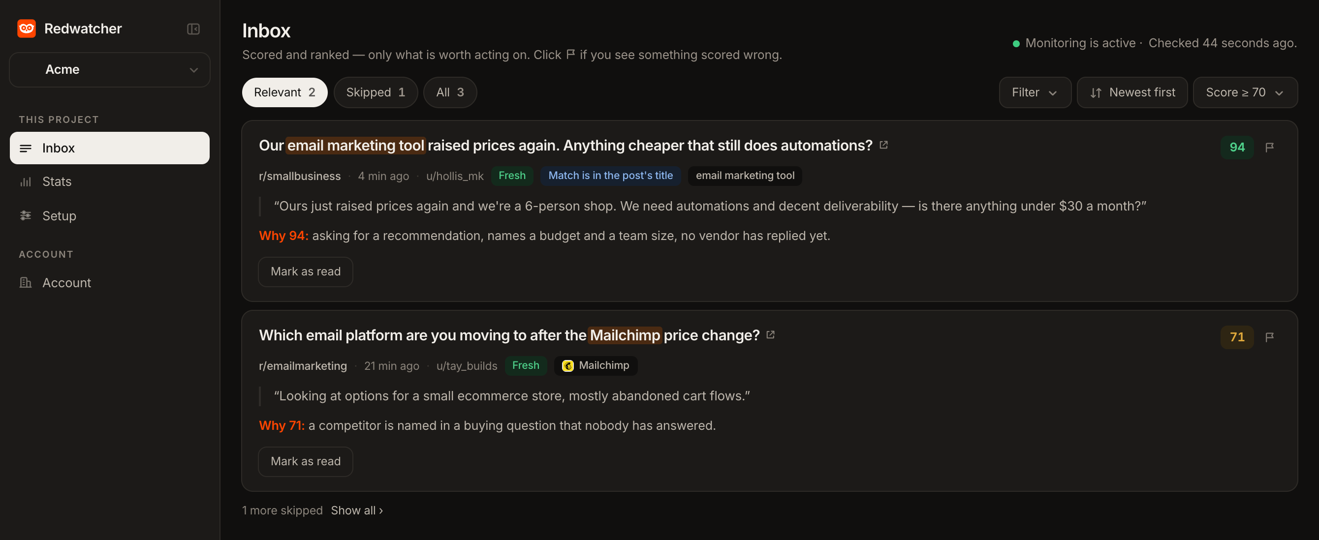 The Redwatcher inbox showing a Reddit comment scored 94, the matched term highlighted in the title, the reasons for the score, and a lower-scoring thread skipped