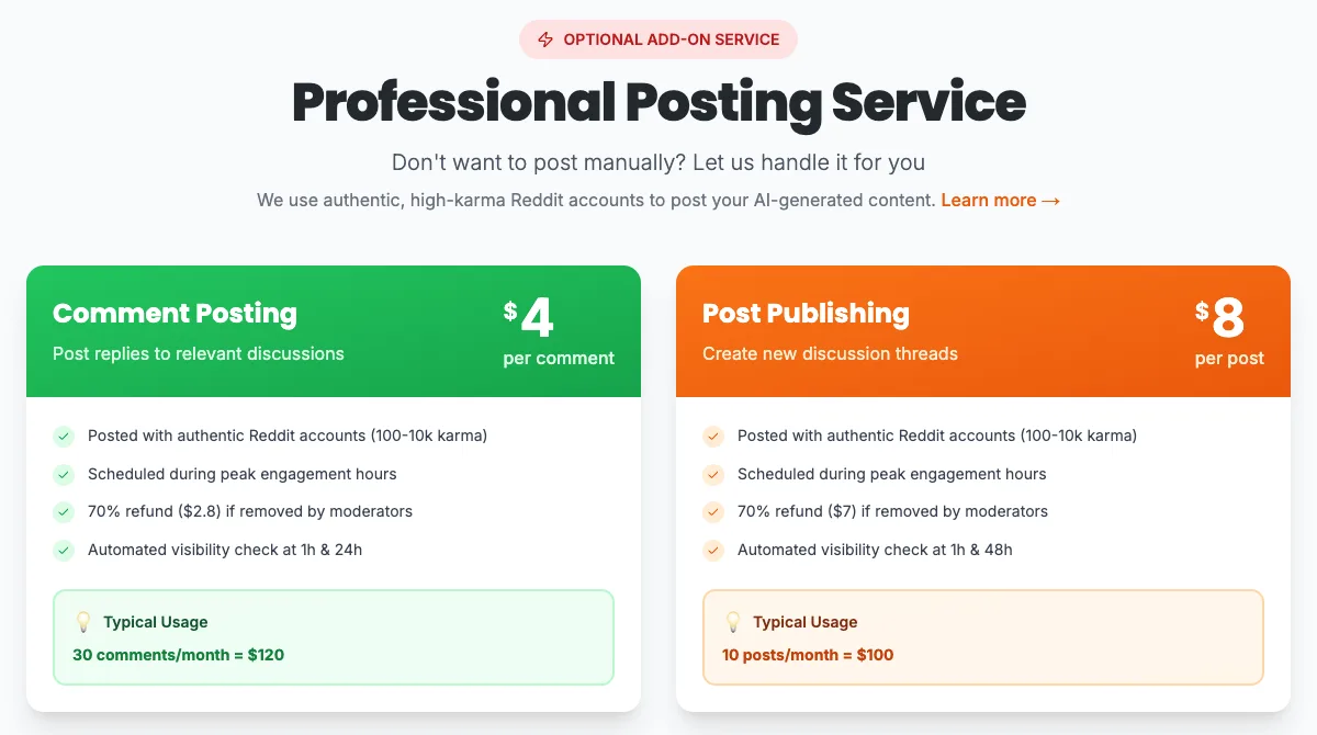 ReplyAgent's two posting-service cards, captured 28 September 2026: Comment Posting at $4 per comment and Post Publishing at $8 per post, both posted with Reddit accounts of 100 to 10,000 karma