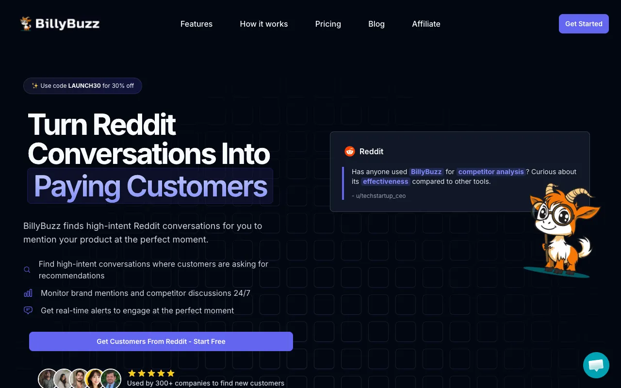 BillyBuzz's homepage, captured 28 September 2026, with the headline Turn Reddit Conversations Into Paying Customers