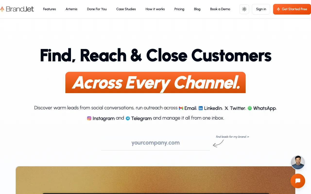 BrandJet's homepage, captured 28 September 2026, with the headline Find, Reach and Close Customers Across Every Channel and a field for your company's web address