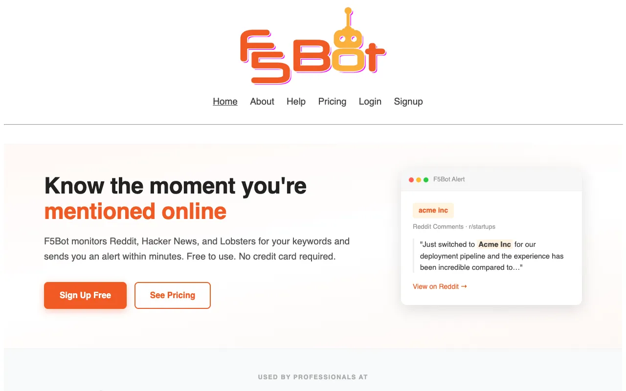 F5Bot's homepage, captured 30 August 2026, showing how it describes and prices itself