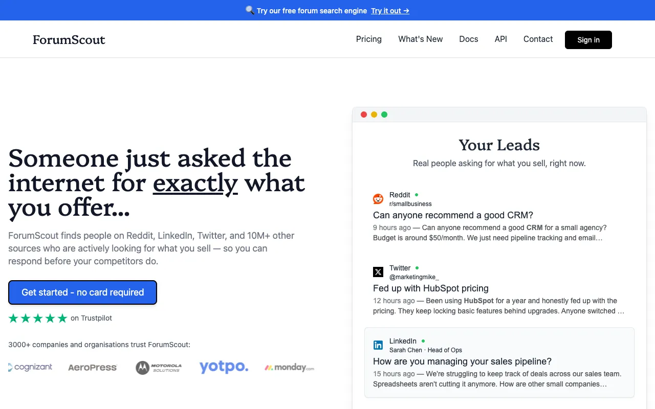 ForumScout's homepage, captured 21 September 2026, with a Your Leads panel showing a Reddit post, an X post and a LinkedIn post