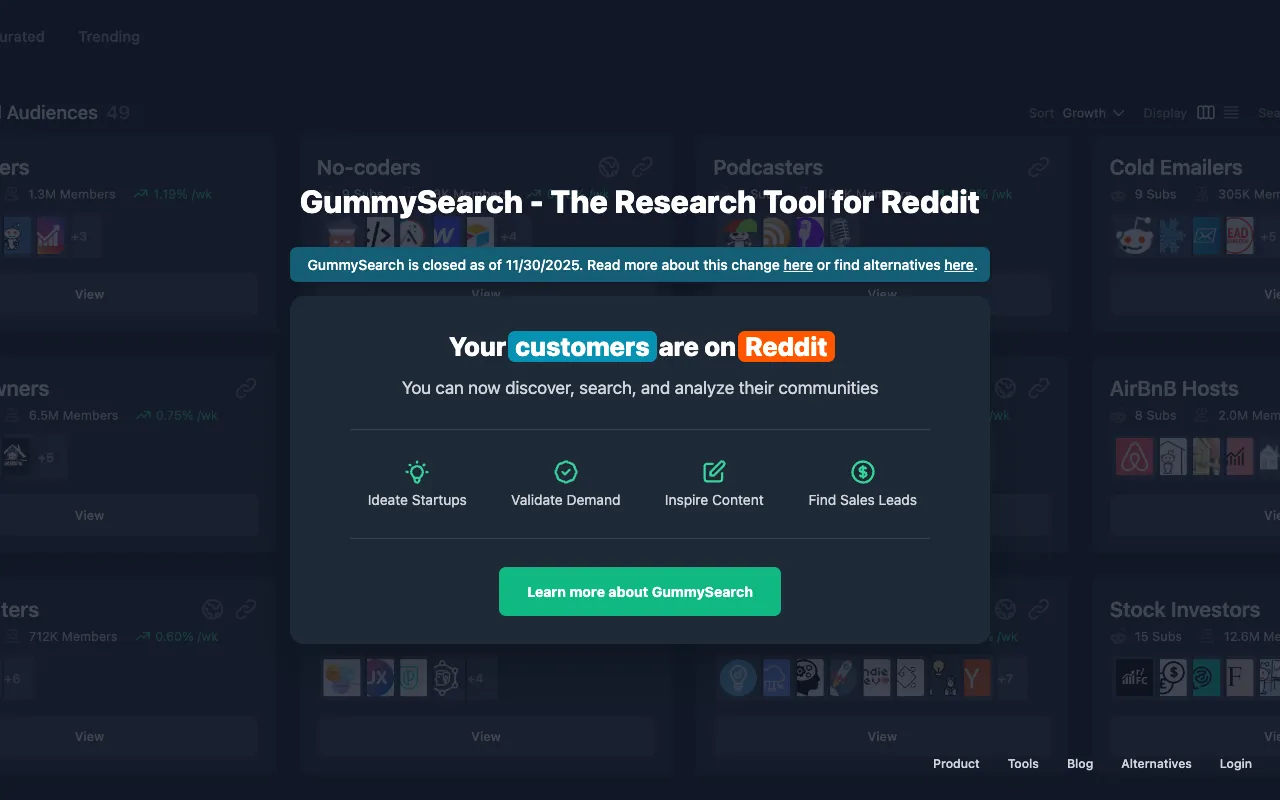 GummySearch's homepage, captured 30 August 2026, showing the closure banner above the product
