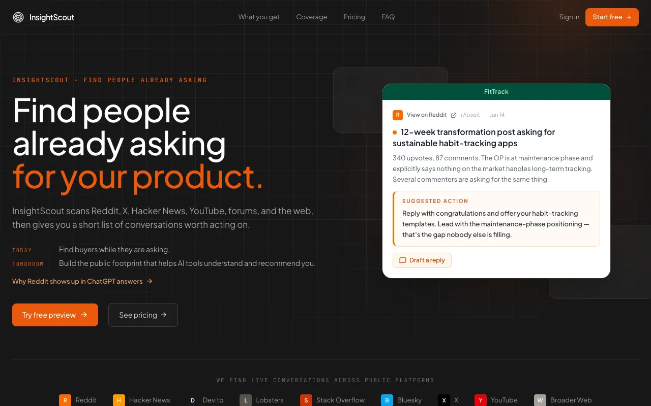 InsightScout's homepage, captured 28 September 2026, with the headline Find people already asking for your product and an example Reddit conversation with a suggested action