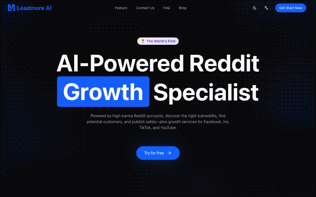 Leadmore's homepage, captured 28 September 2026, with the headline AI-Powered Reddit Growth Specialist and a Try for free button