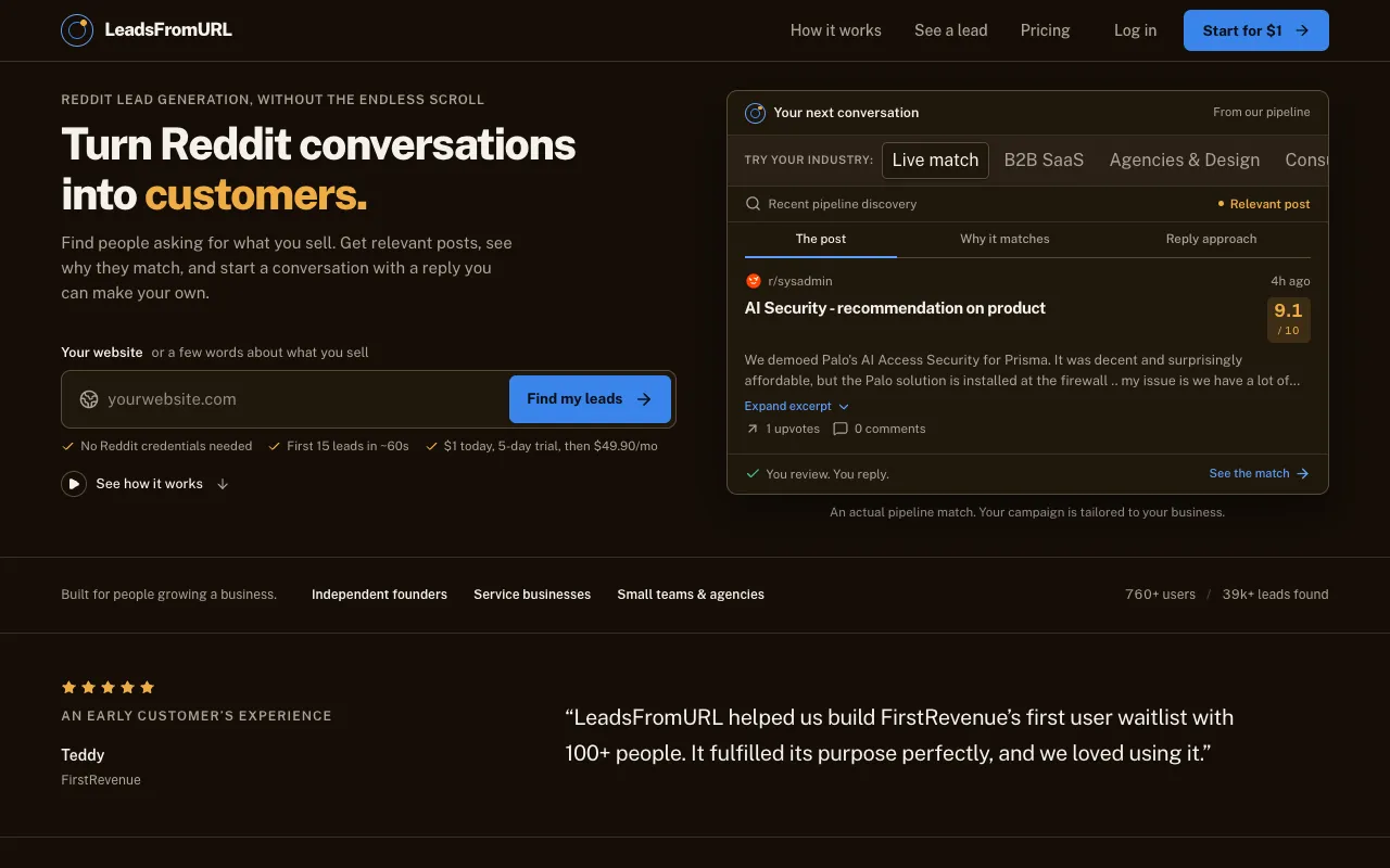 LeadsFromURL's homepage, captured 28 September 2026, with the headline Turn Reddit conversations into customers, a field for your website address and an example post scored 9.1 out of 10