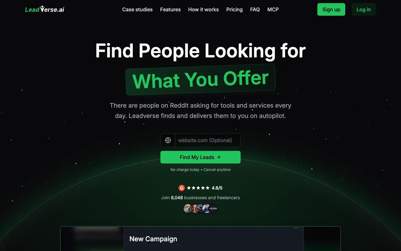 Leadverse's homepage, captured 28 September 2026, with the headline Find People Looking for What You Offer and a field for your website address