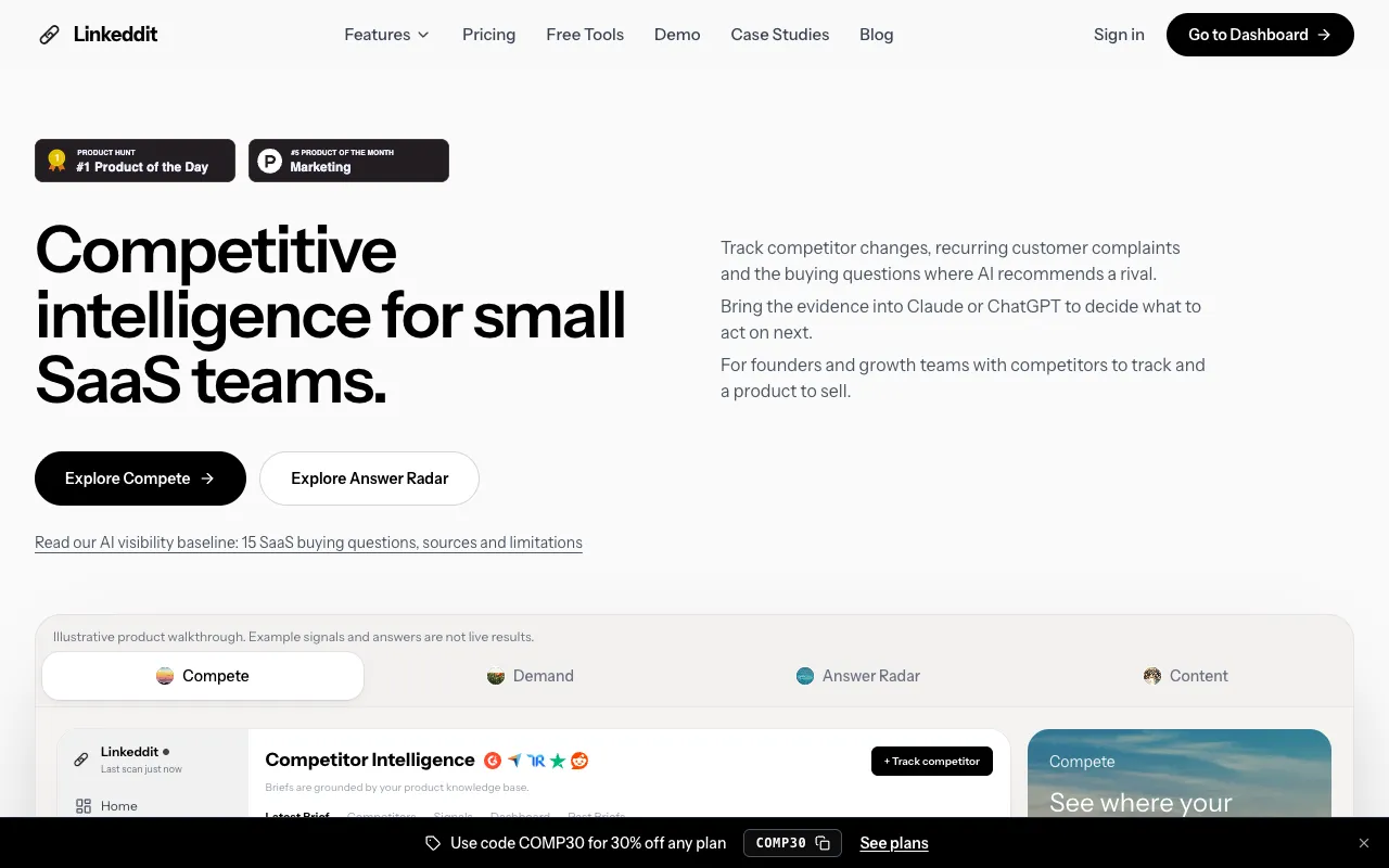 Linkeddit's homepage, captured 28 September 2026, with the headline Competitive intelligence for small SaaS teams