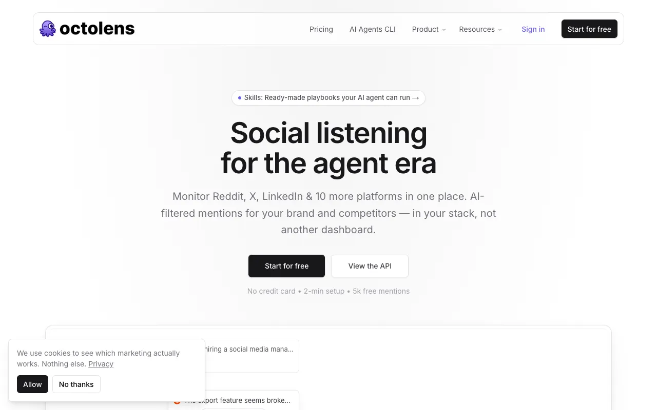 Octolens's homepage, captured 30 August 2026, showing how it describes and prices itself